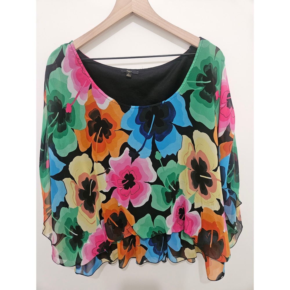 Milano Woman Floral Chiffon Blouse 2X Multi Color Hibiscus Flutter Sleeve Top
